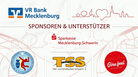 Sponsoren & Unterstützer Logo der VR Bank Mecklenburg und Sponsorenlogos von Sparkasse, TSS und Gifu Food.
