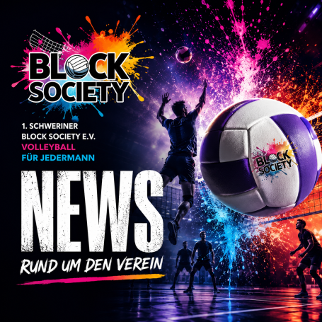 Aktuelles Logo der Block Society mit bunten Farbexplosionen und Volleyballspielern im Hintergrund.