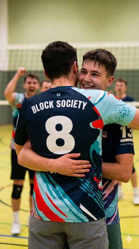 Events Zwei Volleyballspieler umarmen sich, jubelnd, mit der Nummer 8 auf dem Trikot.