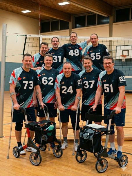 Unsere Senioren Eine Gruppe von acht Männern in Sportkleidung mit Rollatoren in einer Sporthalle.